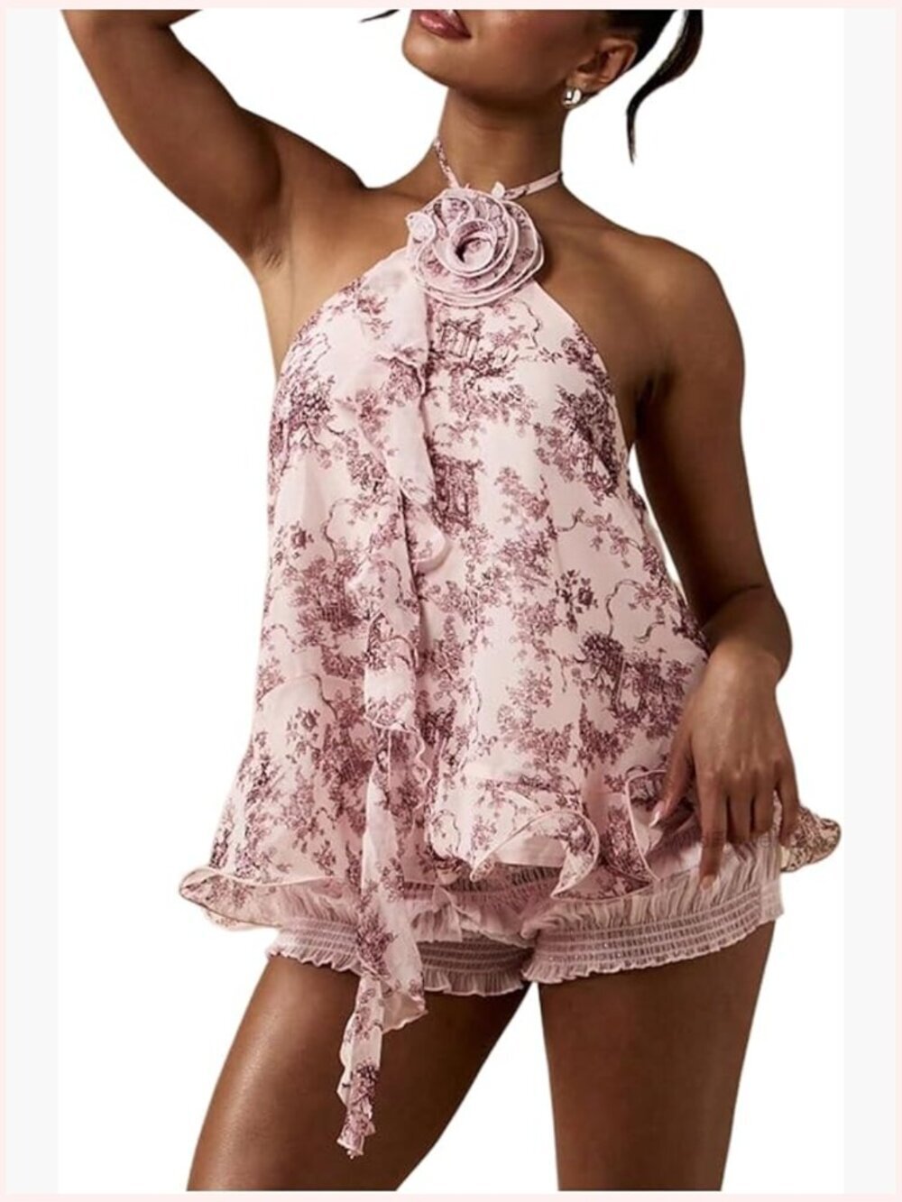 Boho Floral Ruffle Halter Top Sleeveless 3D Flower Blouse